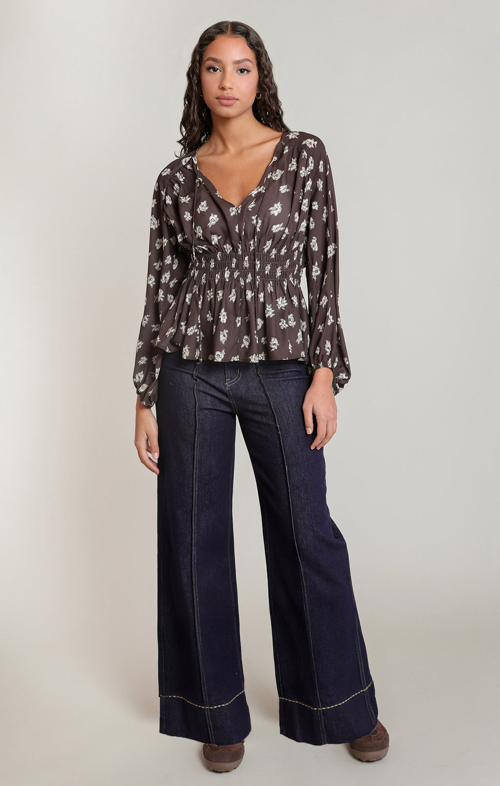 Smocked Floral Print V-Neck Blouse