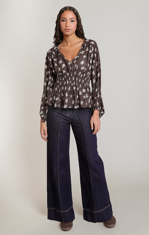 Smocked Floral Print V-Neck Blouse
