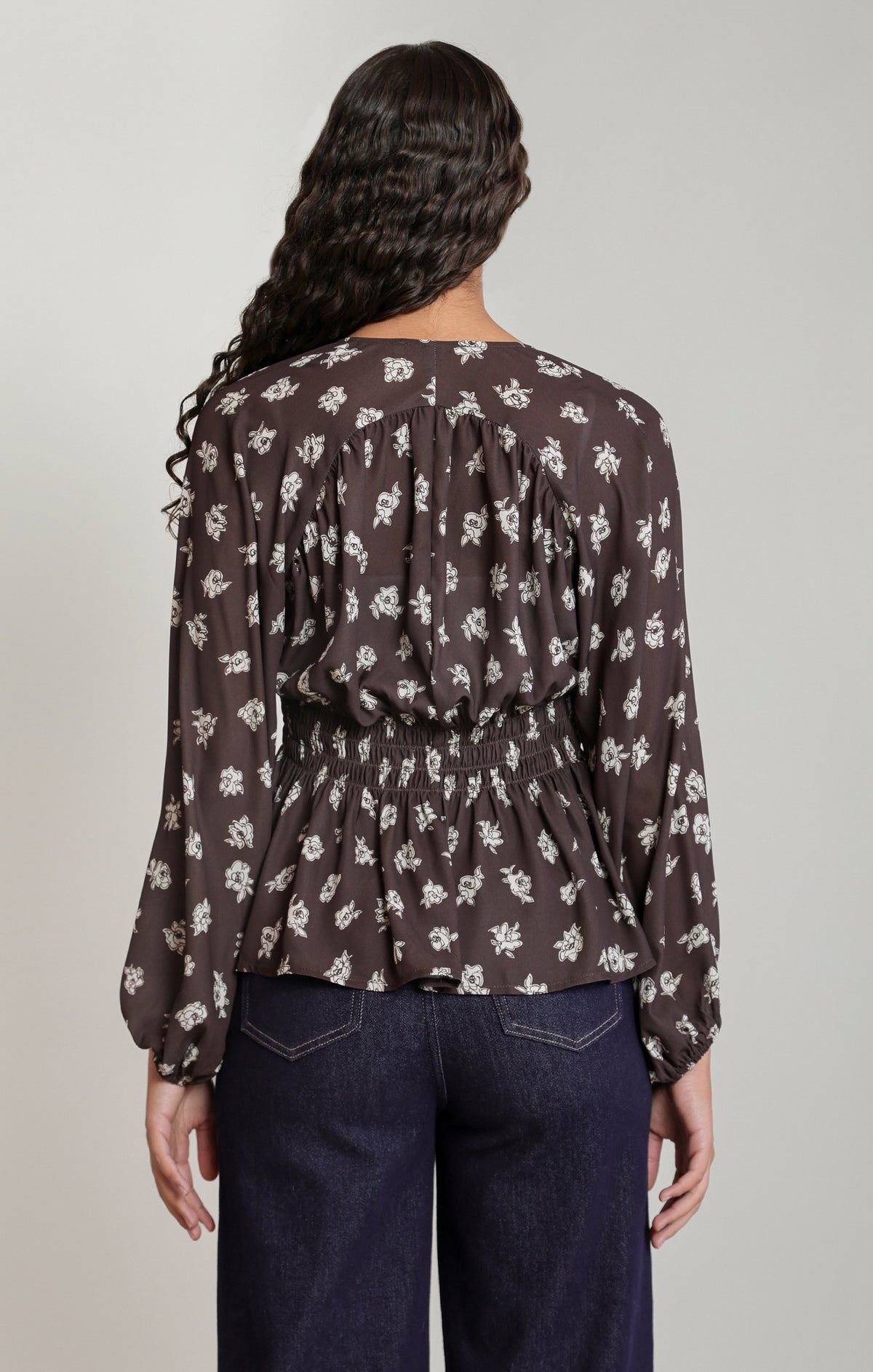 Smocked Floral Print V-Neck Blouse