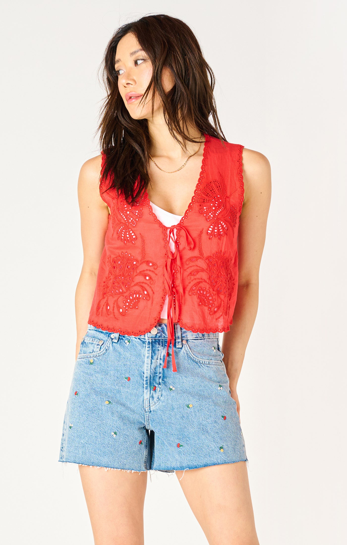 Sleeveless Tie-Front Eyelet Top