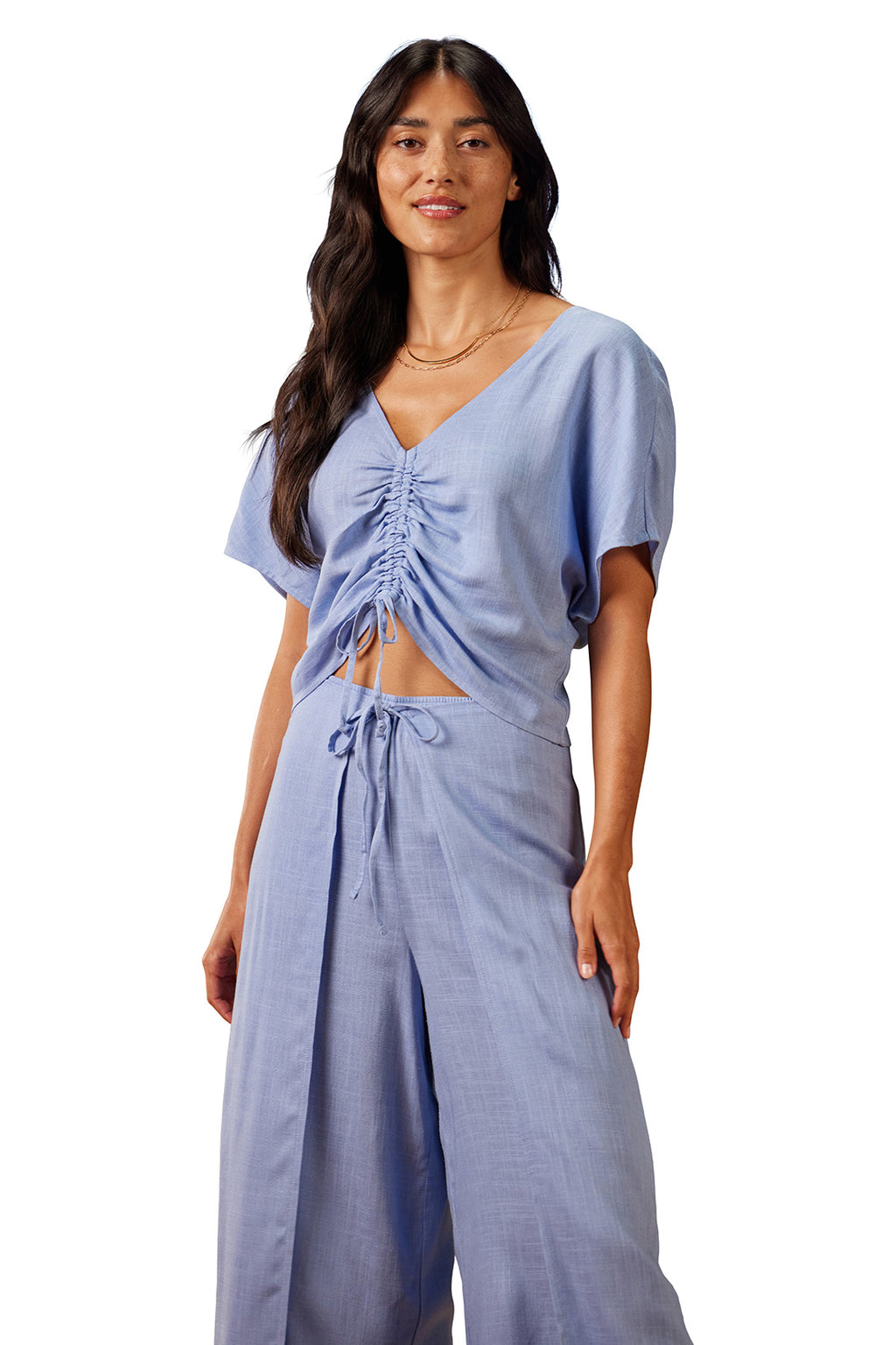 Short Sleeve Ruched Drawstring Linen Blouse