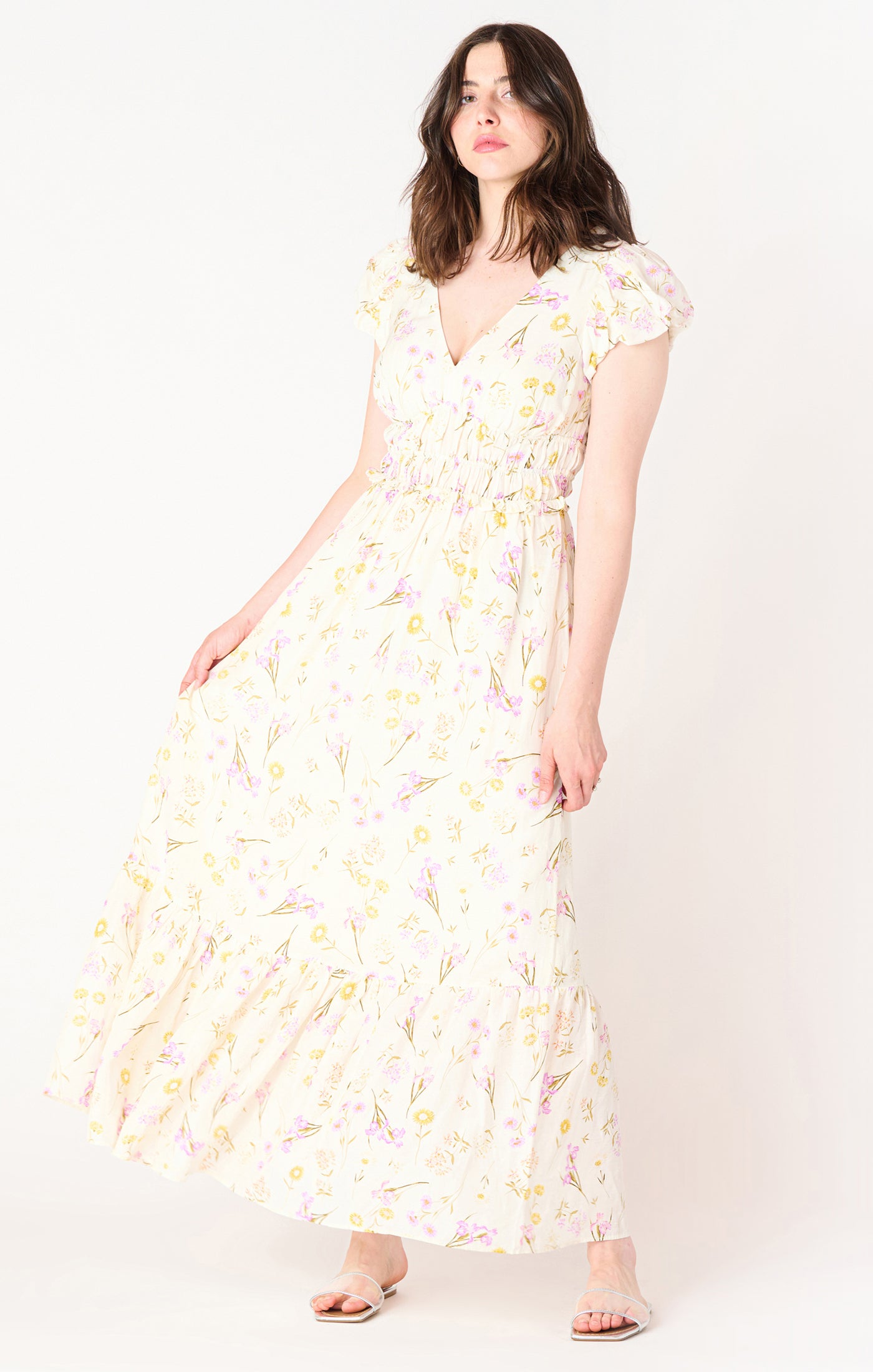 Bubble Sleeve Elastic Waist Maxi Dress
