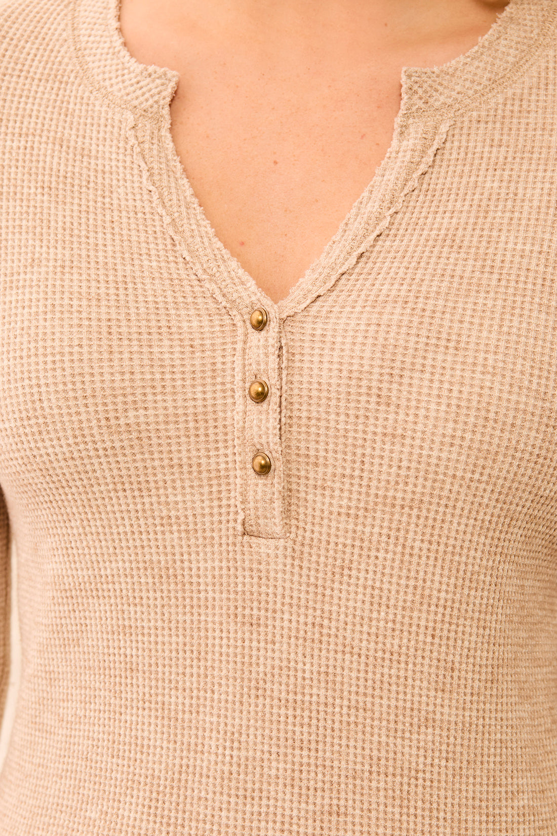 Brushed Waffle Knit Henley Long Sleeve Top