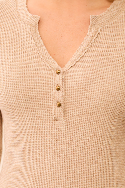 Brushed Waffle Knit Henley Long Sleeve Top