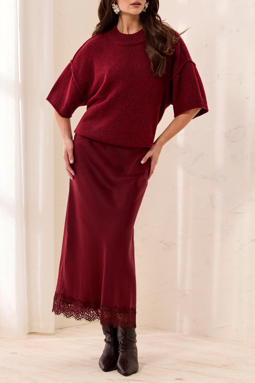 Satin Lace Hem Midi Skirt