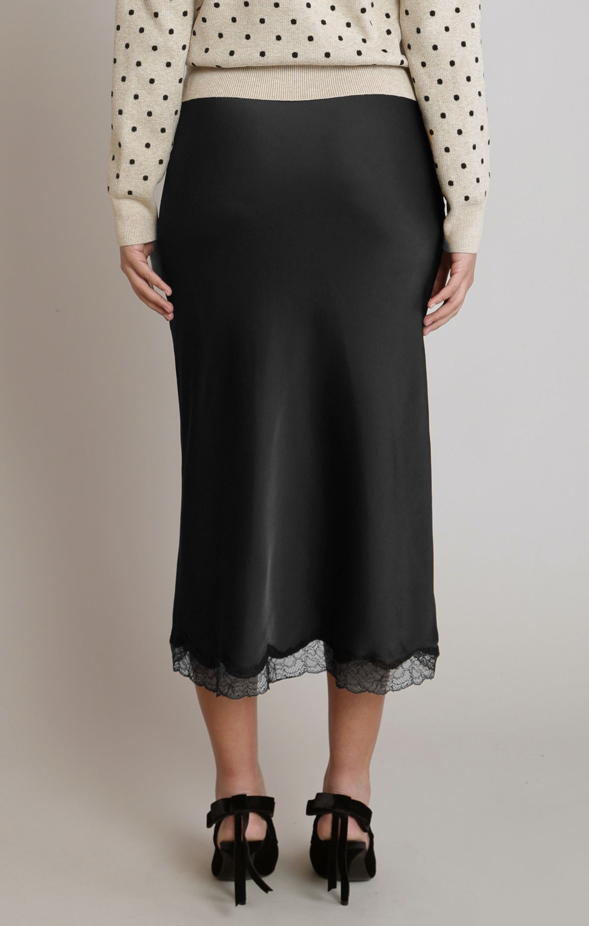 Satin Lace Trim Midi Skirt