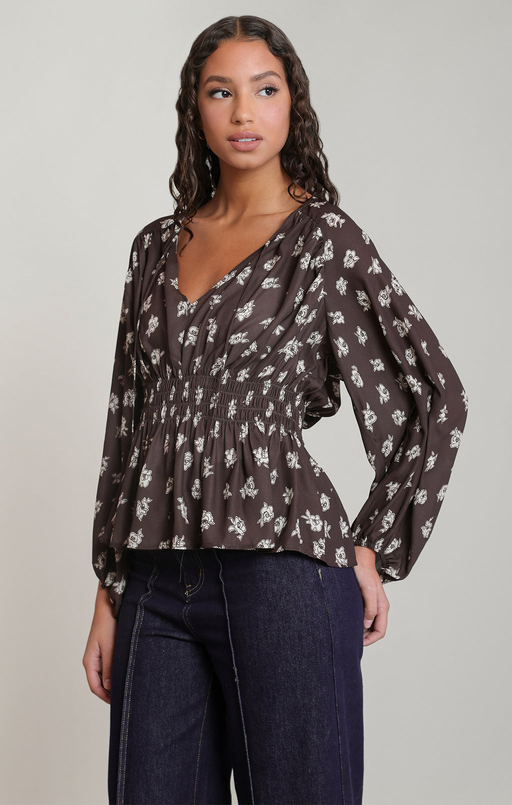 Smocked Floral Print V-Neck Blouse