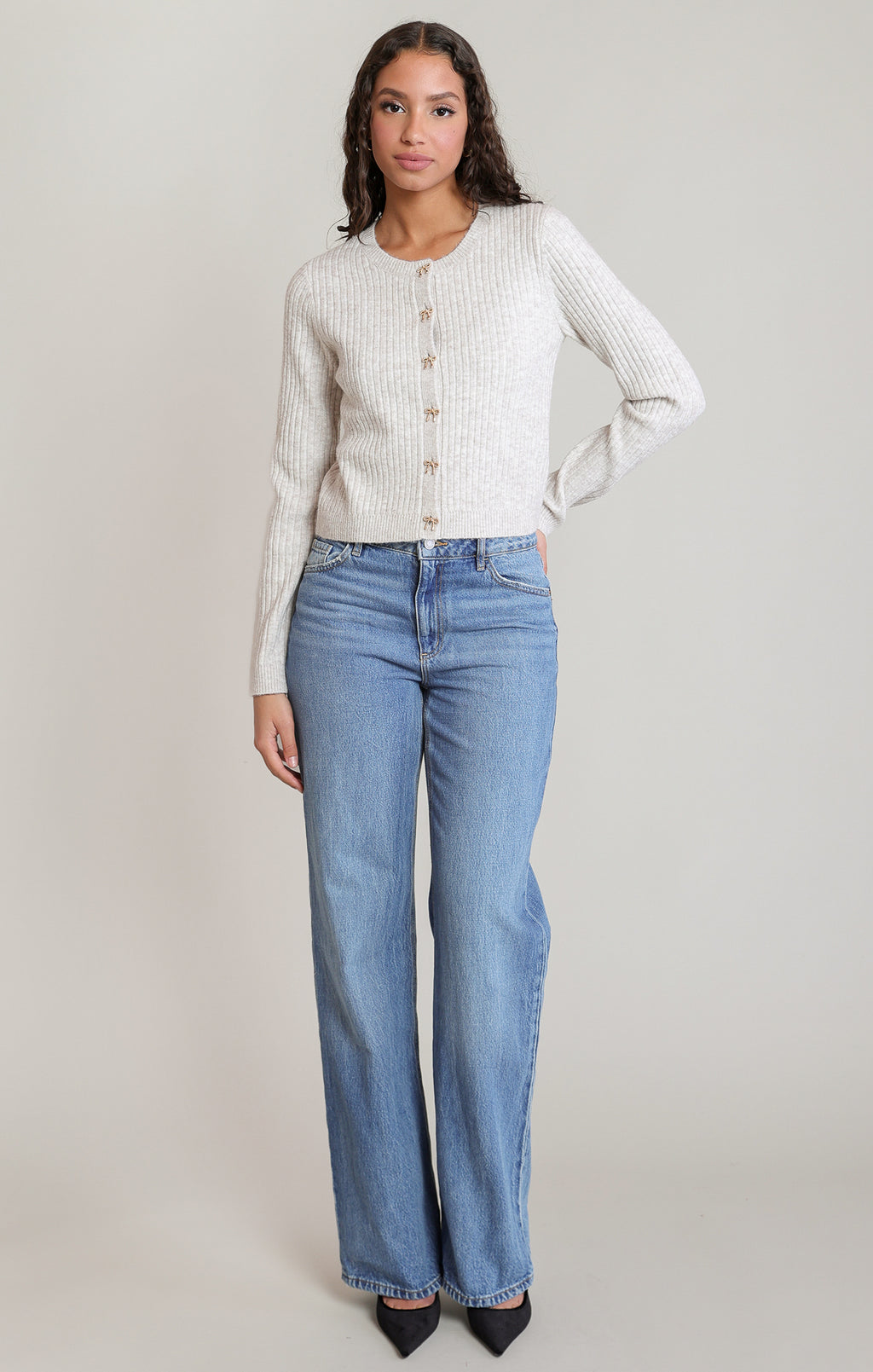Bow Button Cropped Cardigan