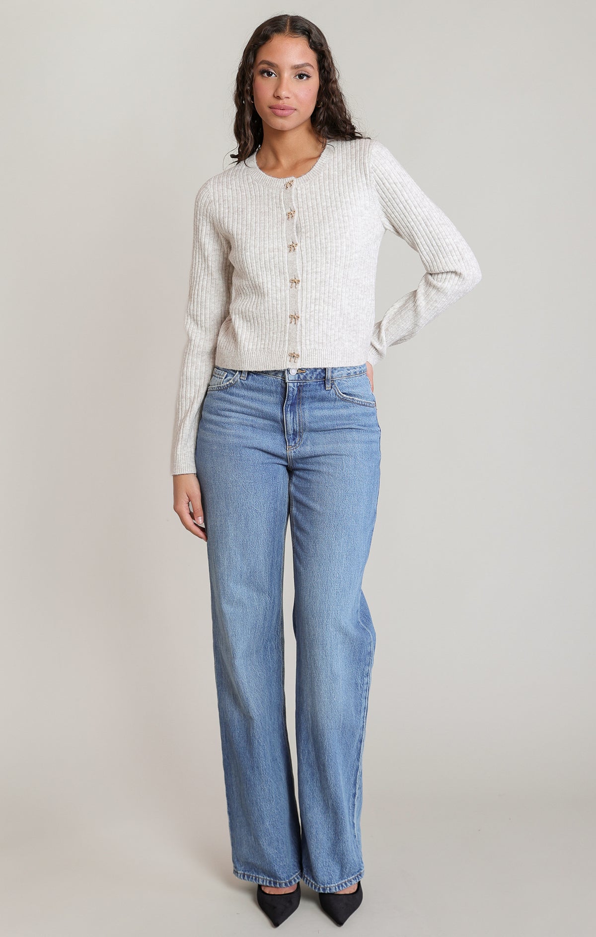 Bow Button Cropped Cardigan