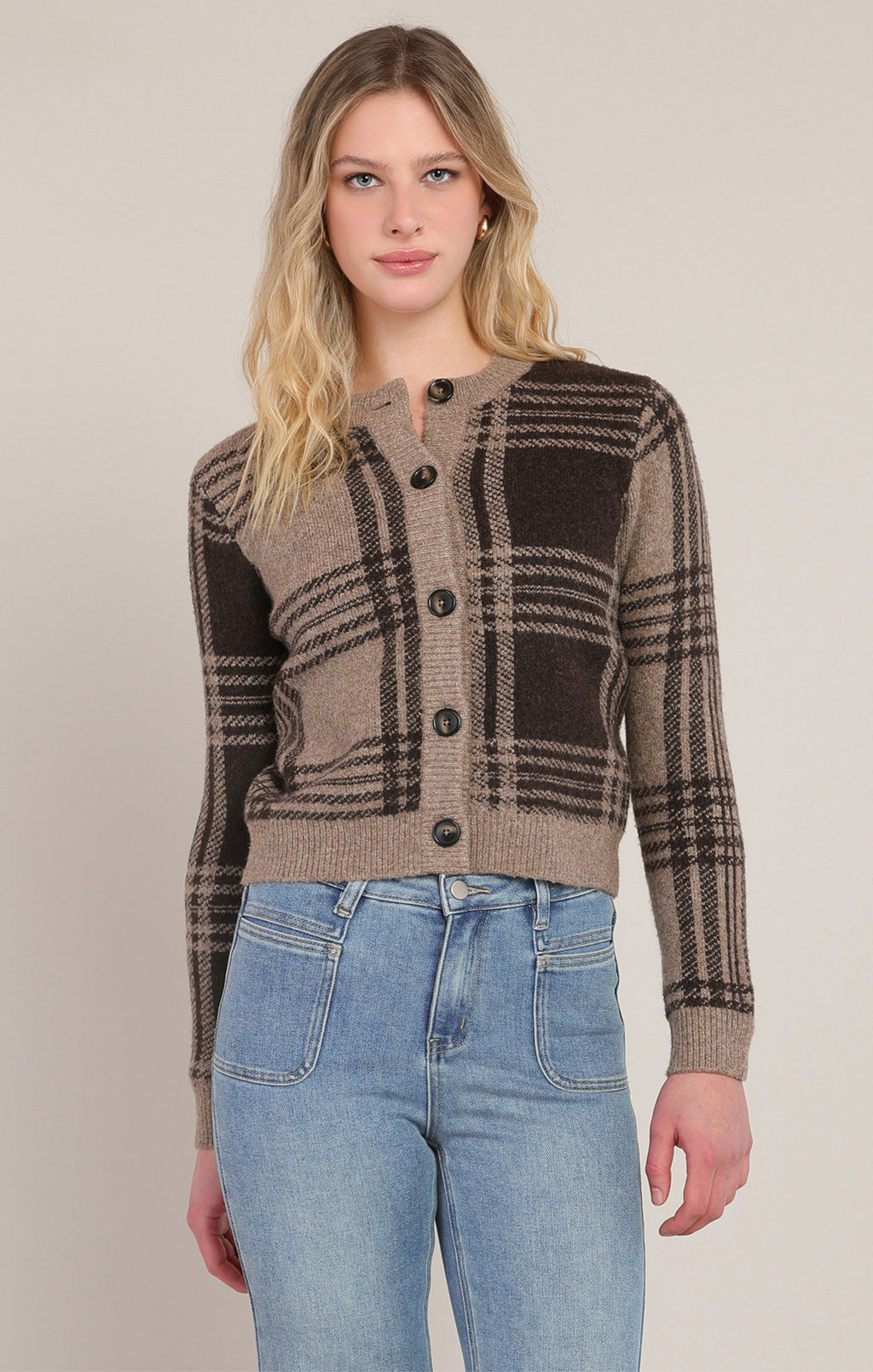 Plaid Crewneck Cropped Cardigan
