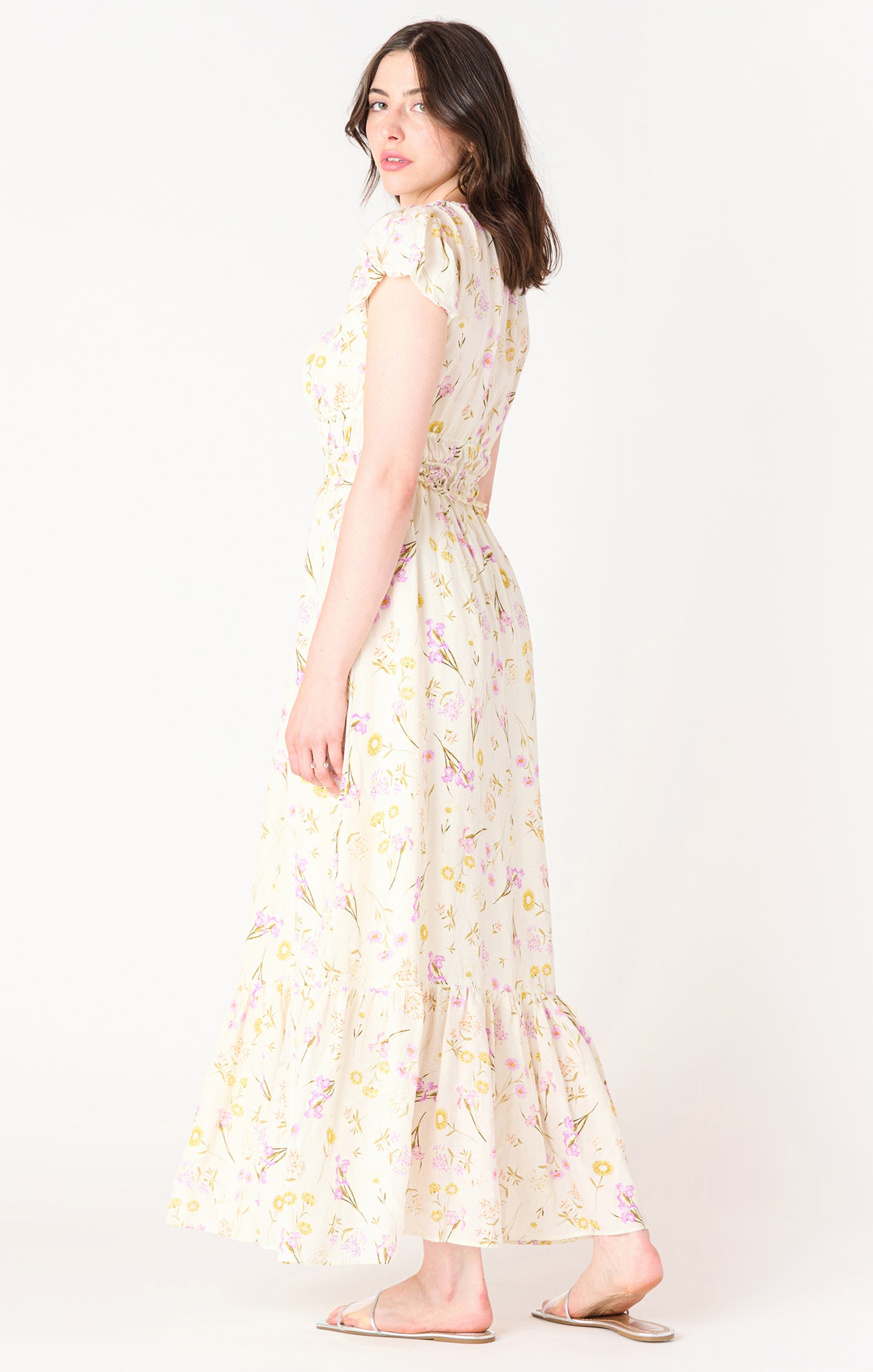 Bubble Sleeve Elastic Waist Maxi Dress