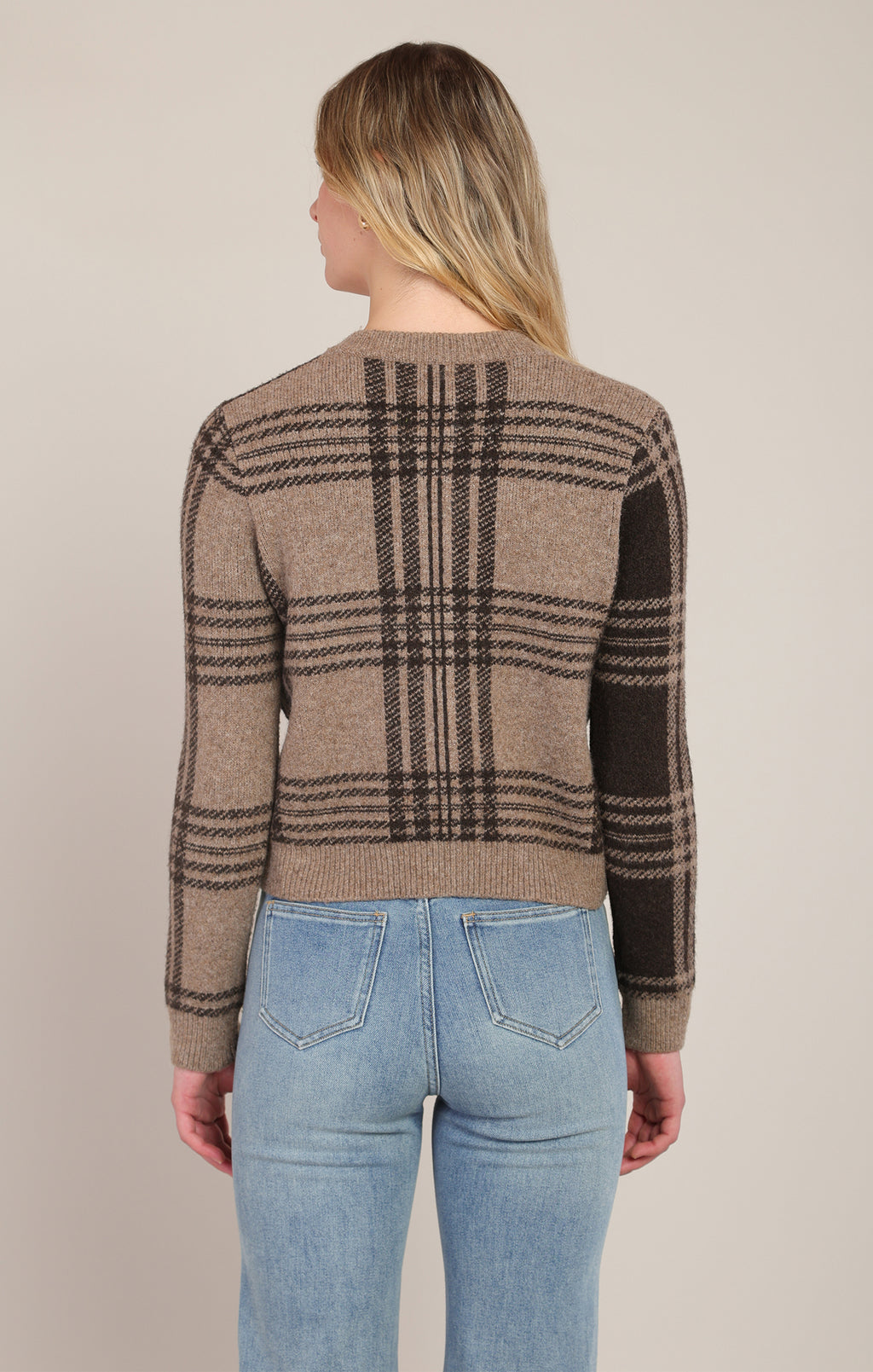 Plaid Crewneck Cropped Cardigan