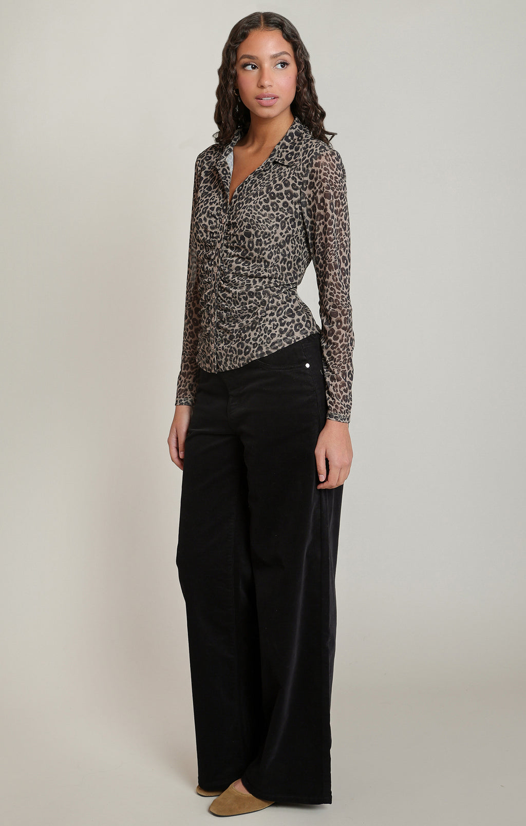 Leopard Mesh Button Up Blouse
