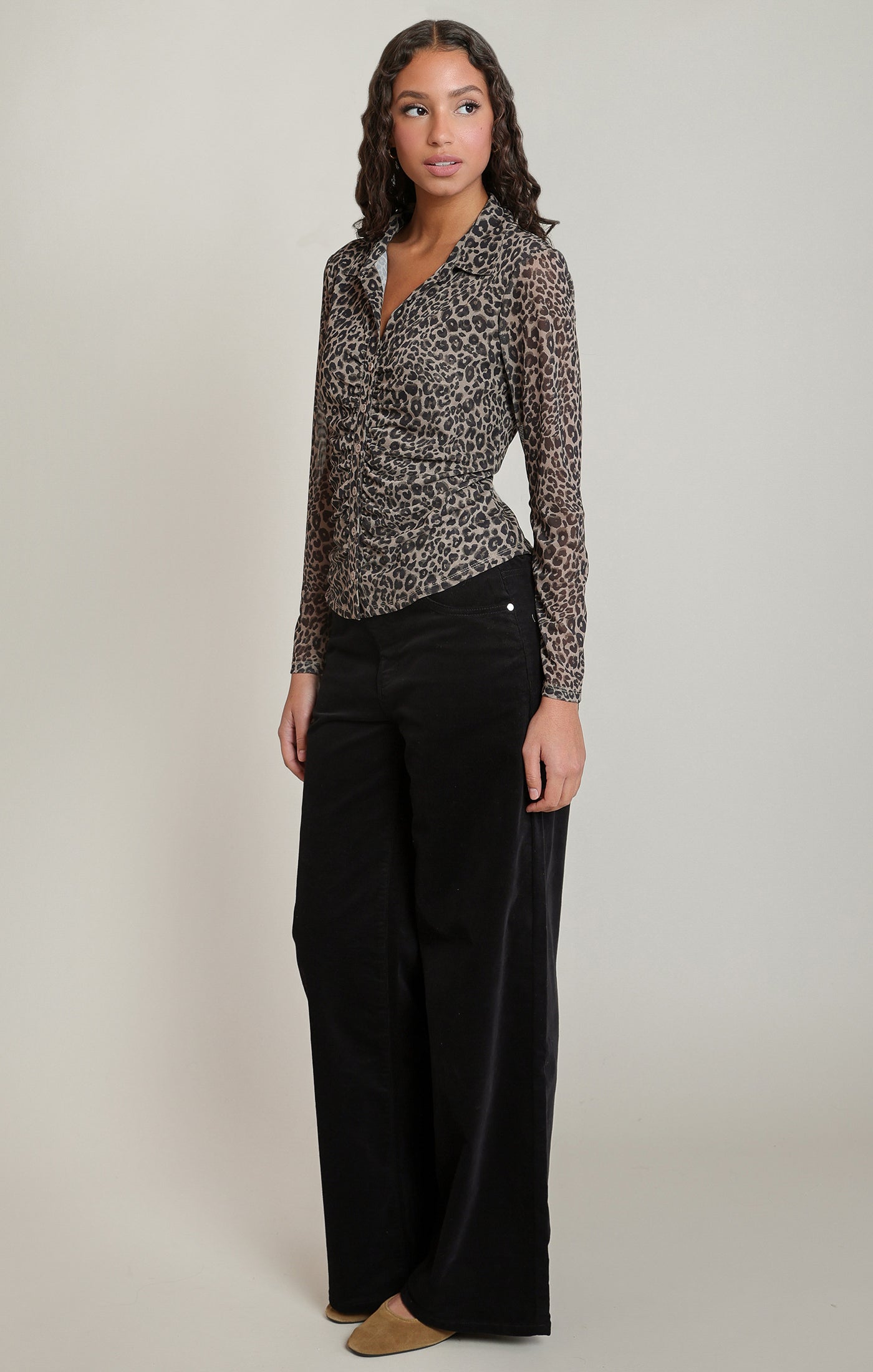 Leopard Mesh Button Up Blouse