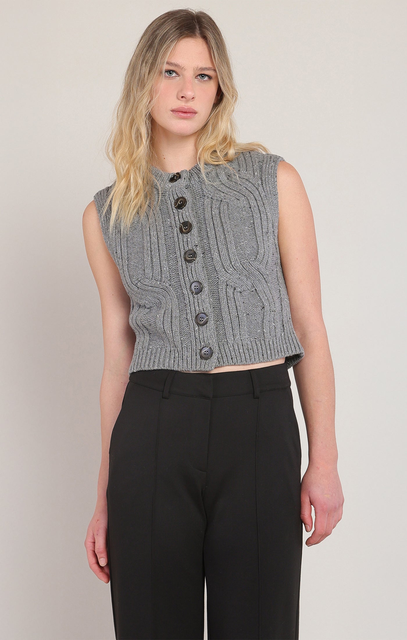 Sleeveless Cropped Button Front Cable Sweater Vest
