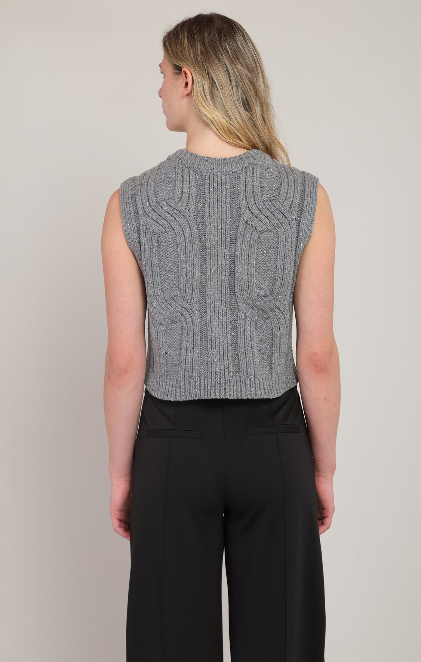 Sleeveless Cropped Button Front Cable Sweater Vest