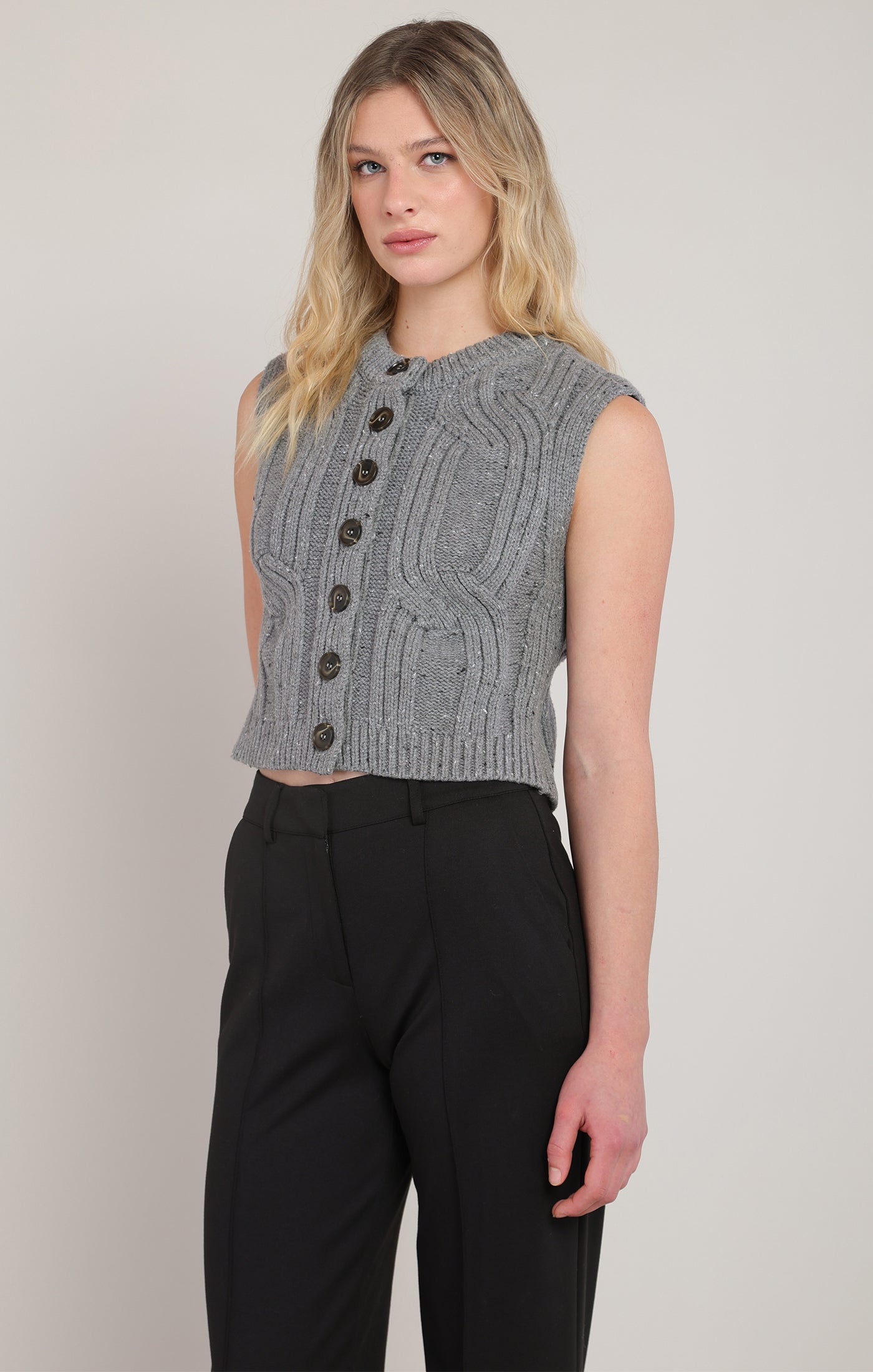 Sleeveless Cropped Button Front Cable Sweater Vest