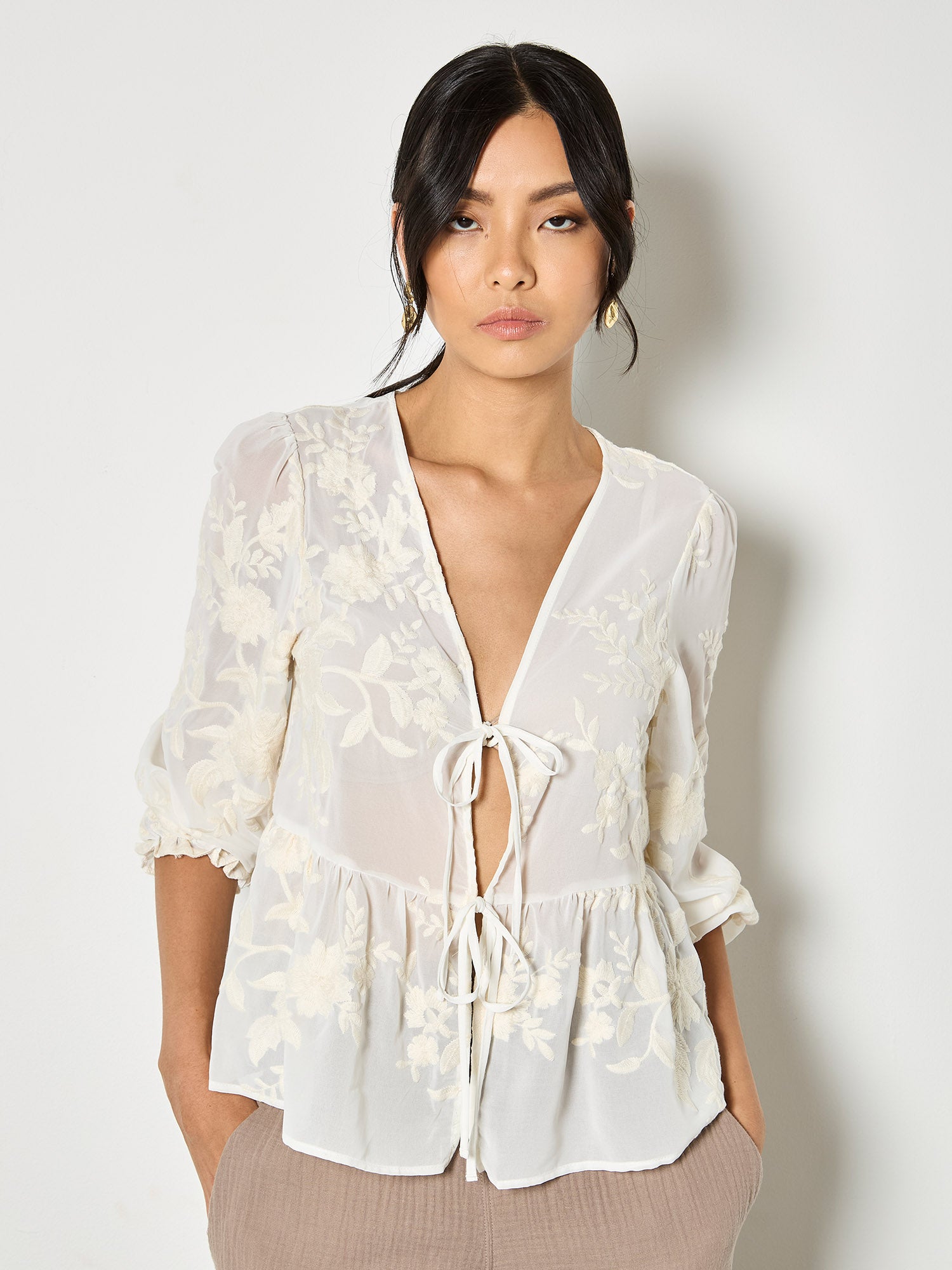Embroidered Chiffon Tie Front Peplum Top