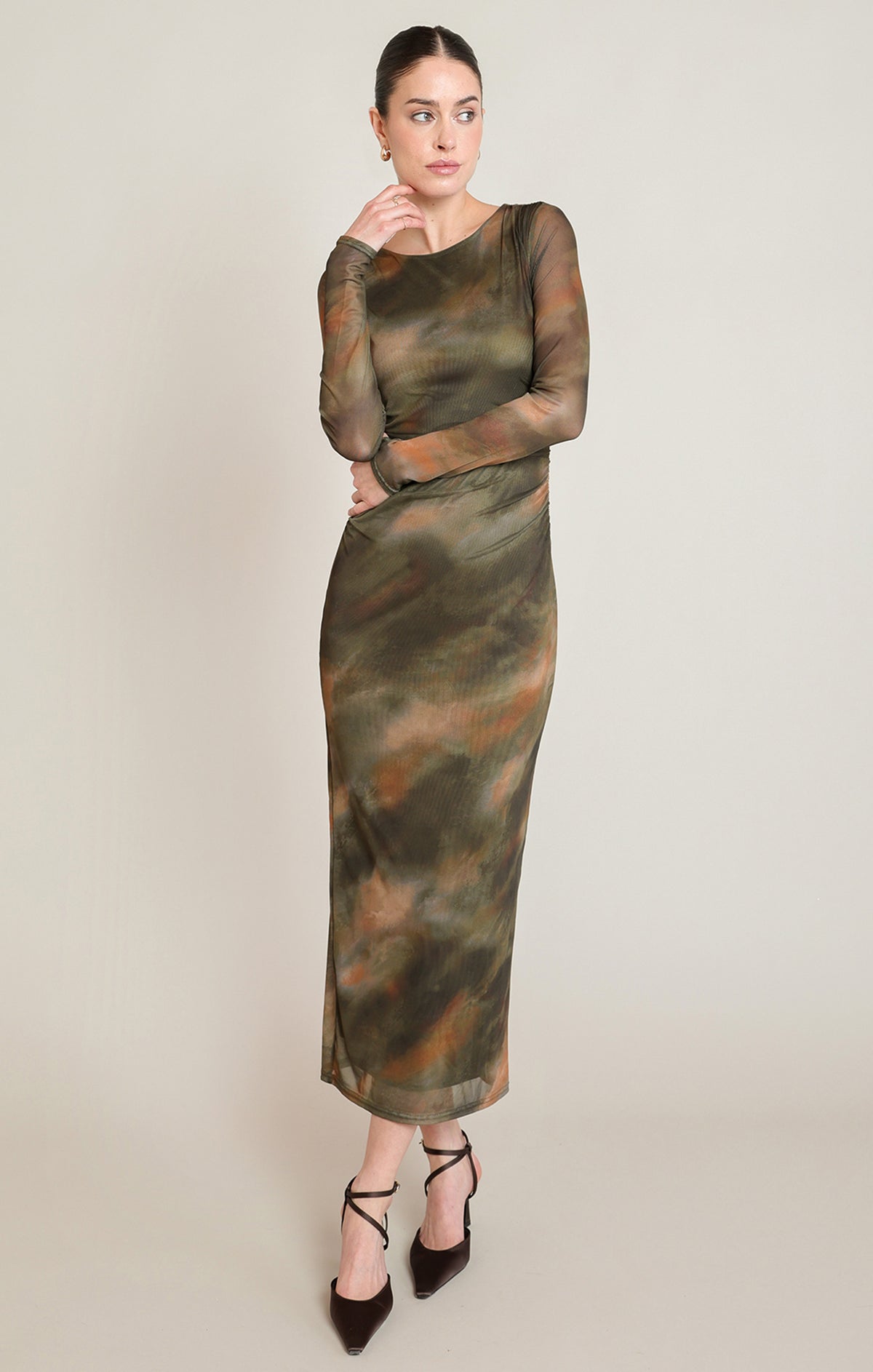 Watercolour Printed Mesh Maxi Dress
