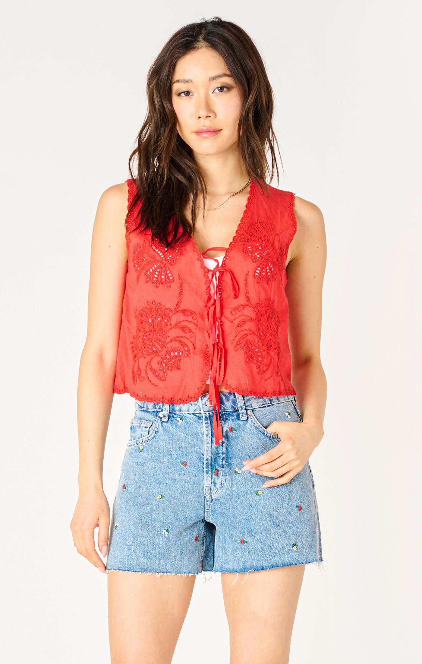 Sleeveless Tie-Front Eyelet Top