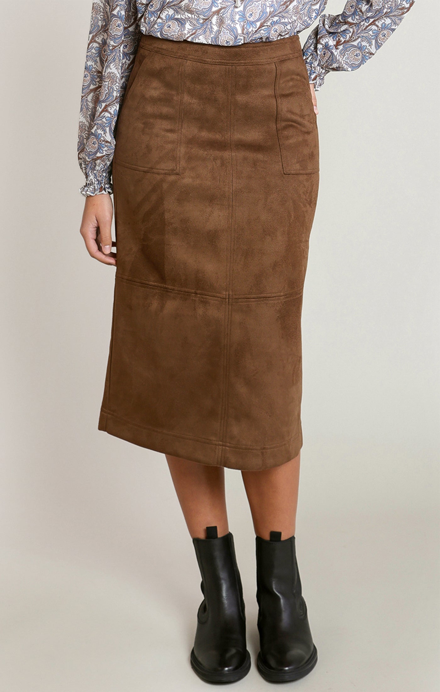 Faux Suede Mid Calf Skirt