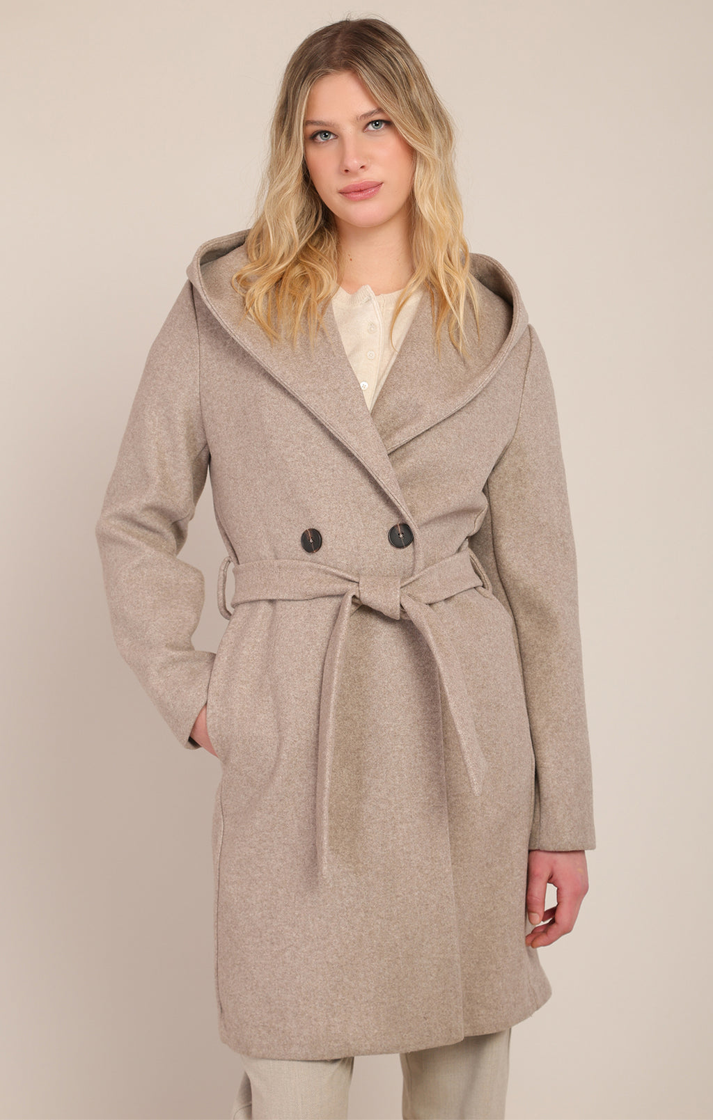 Belted Double Button Hooded Coat