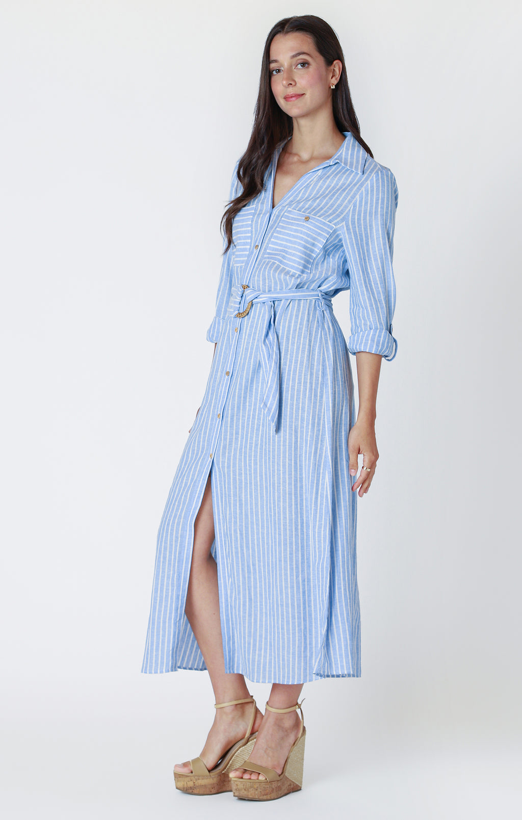 Long Sleeve Belted Midi Shirt Dress