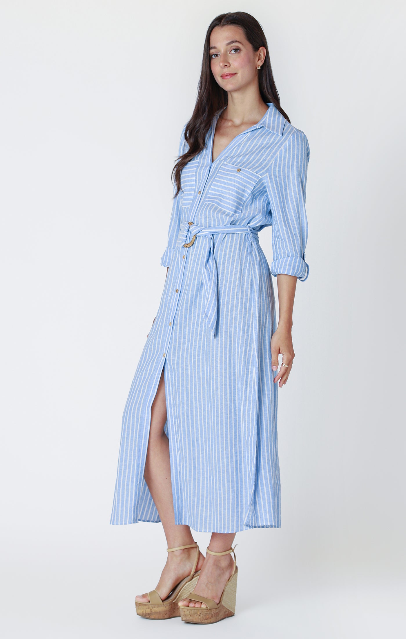 Long Sleeve Belted Midi Shirt Dress
