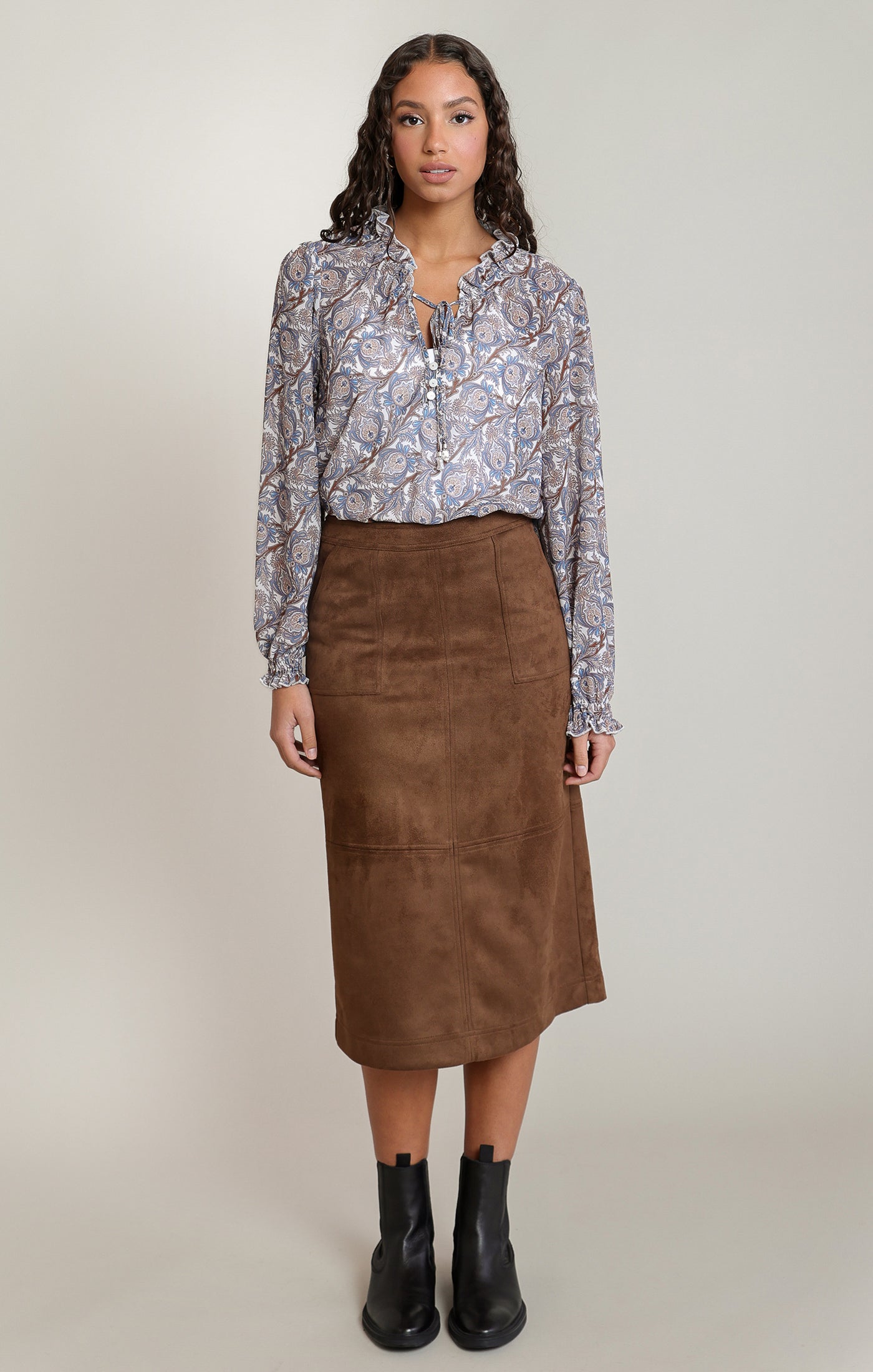 Faux Suede Mid Calf Skirt