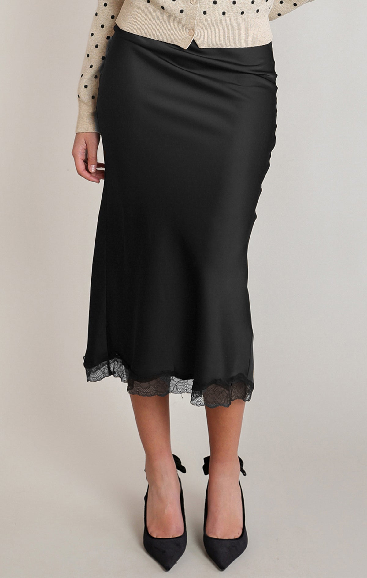 Satin Lace Trim Midi Skirt