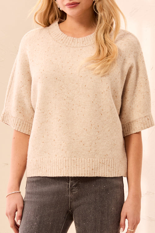 Short Dolman Sleeve Speckled Knit Sweater