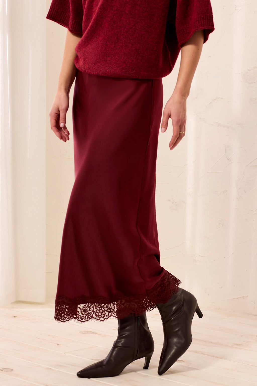 Satin Lace Hem Midi Skirt